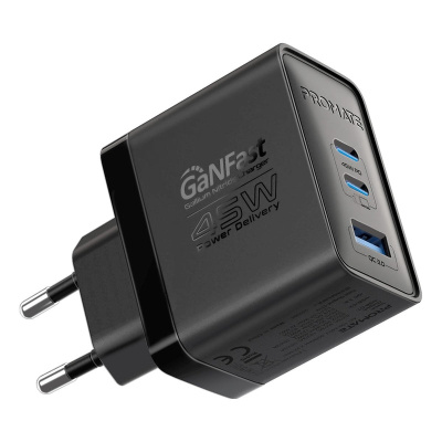 Charger USB + Dual Type-C 45W Promate Gan Fast Black