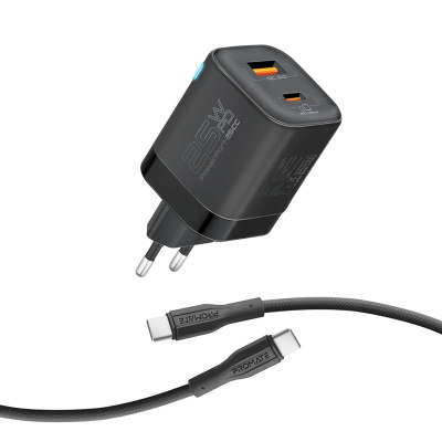 Charger USB+Type-C 25W Promate 60W Cable-C Dual Port Black